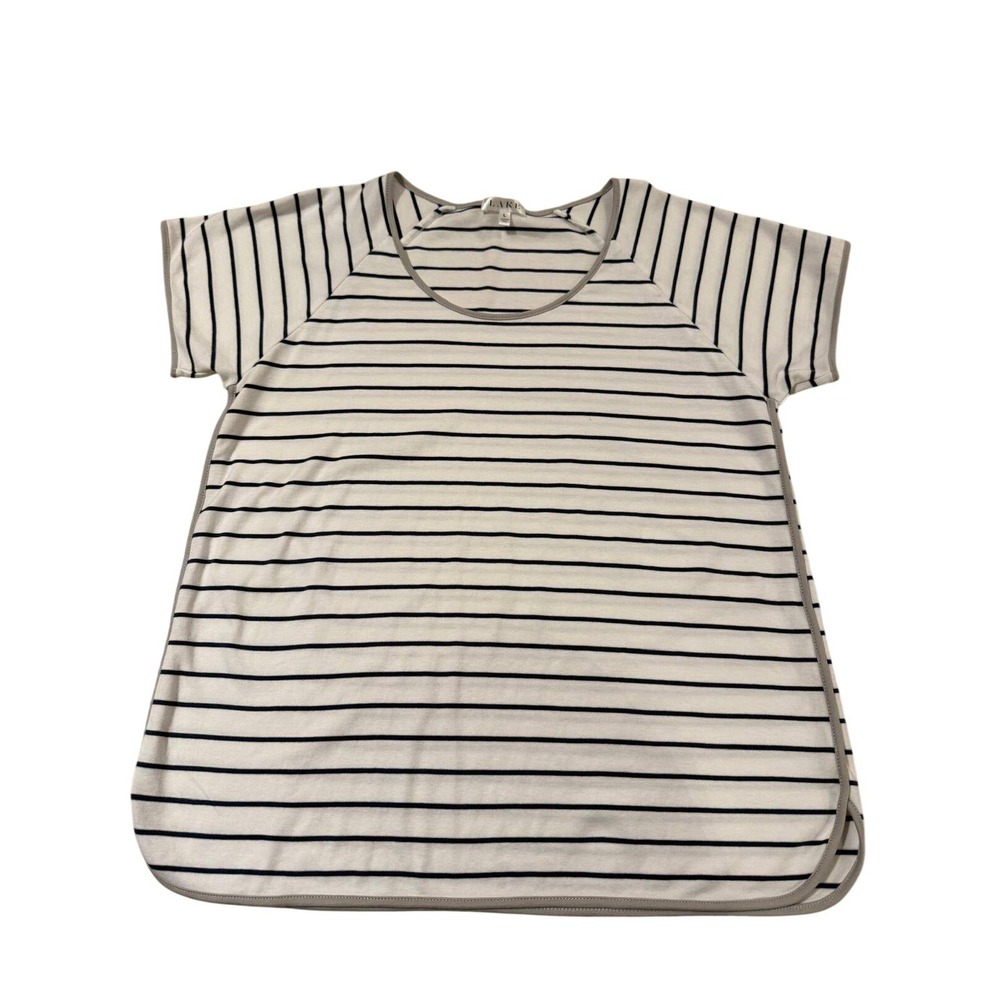 Lake Pajamas Womens Pima Cotton Short Sleeve‎ Sleep Top Navy White Stripe Large